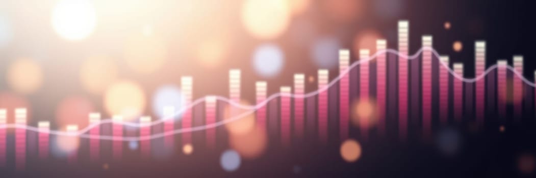 Colorful sound waves depict the dynamic flow of music with a blend of soft lights and vivid peaks, creating an engaging visual experience that captures energy.