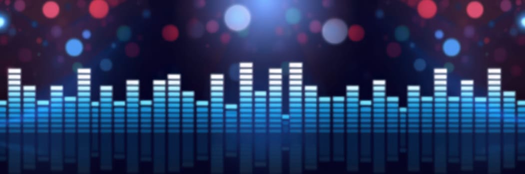 Colorful sound wave bars rise and fall against a vibrant background filled with floating lights, creating an energetic atmosphere typical of a concert or music festival.
