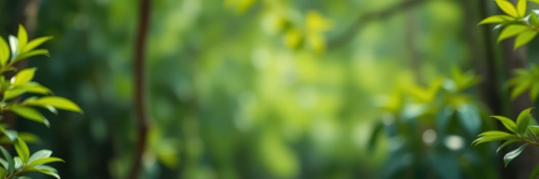 Sunlight filters through the trees, illuminating vibrant green leaves in a peaceful forest. The fresh atmosphere invites relaxation and connection with nature.