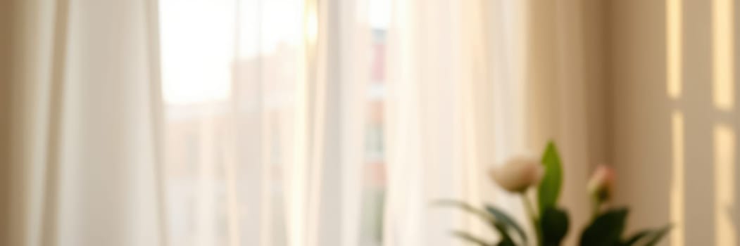 Gentle sunlight streams through delicate curtains, creating a warm ambiance in a cozy room filled with greenery and inviting decor, perfect for relaxation.