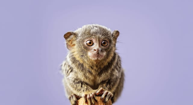 The image features a pygmy marmoset, one of the world's smallest primates, set against a soft lavender backdrop. its wide-eyed expression and intricate fur texture highlight its distinct character and delicate nature.