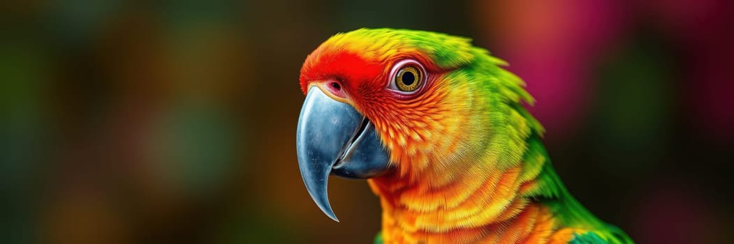 A vibrant parrot with bright green, yellow, and red feathers rests calmly. Its striking features stand out against a colorful, softly blended background typical of a tropical environment.