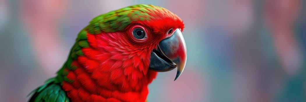 A striking parrot with bright red and green feathers perches among blurred surroundings. Its keen eyes and colorful plumage create a captivating presence in natural light.