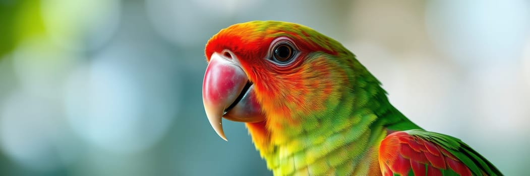 A vibrant parrot with green, yellow, and red feathers rests on a branch in a lush habitat. Sunlight enhances its colorful plumage, showcasing its beauty and detail.