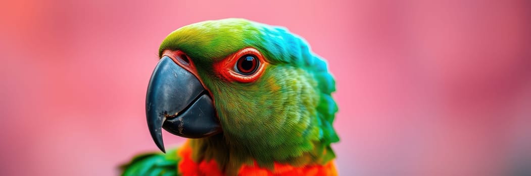 A vibrant parrot displays its bright green and orange feathers while perched against a soft pink backdrop, exuding curiosity and charm.