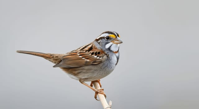 A white-throated sparrow with striking black and white head markings perches gracefully on a slender branch against a soft, neutral background. the bird's intricate feather patterns and natural poise highlight its serene beauty.
