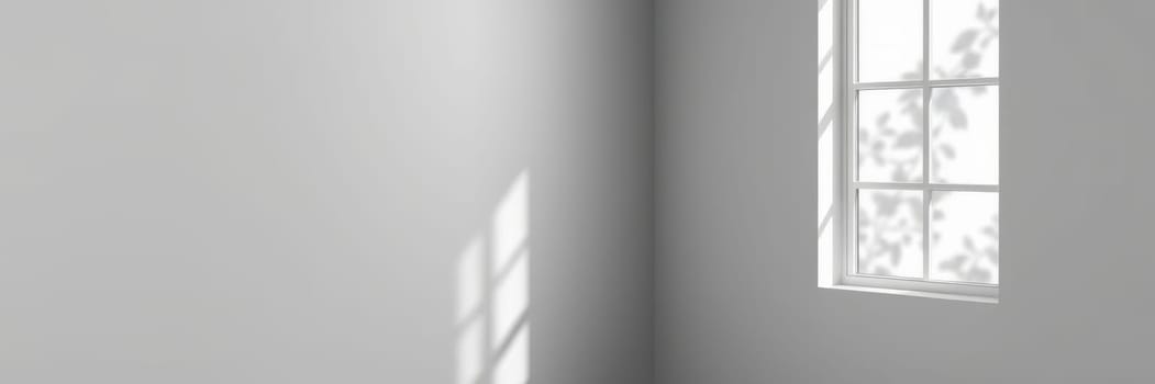 Soft sunlight streams through a window, creating a play of light and shadows in a minimalist room. The light highlights the simplicity and tranquility of the space.