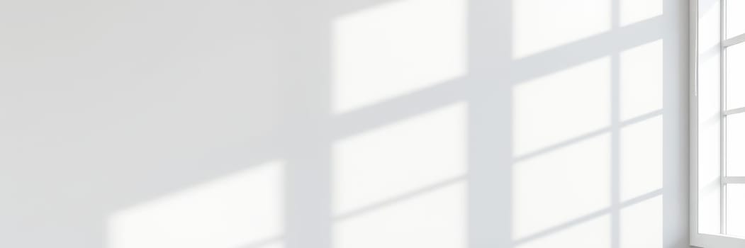 Bright daylight enters through large windows, creating soft, patterned shadows on a crisp white wall. The serene atmosphere evokes a peaceful and inviting ambiance.