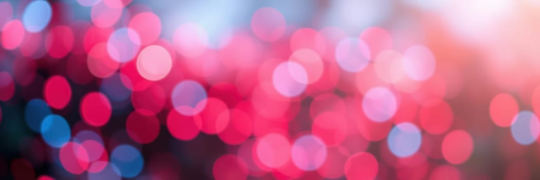 A stunning display of soft bokeh lights in shades of red and pink illuminates the setting, enhancing the lively ambiance of a festive gathering in the evening.
