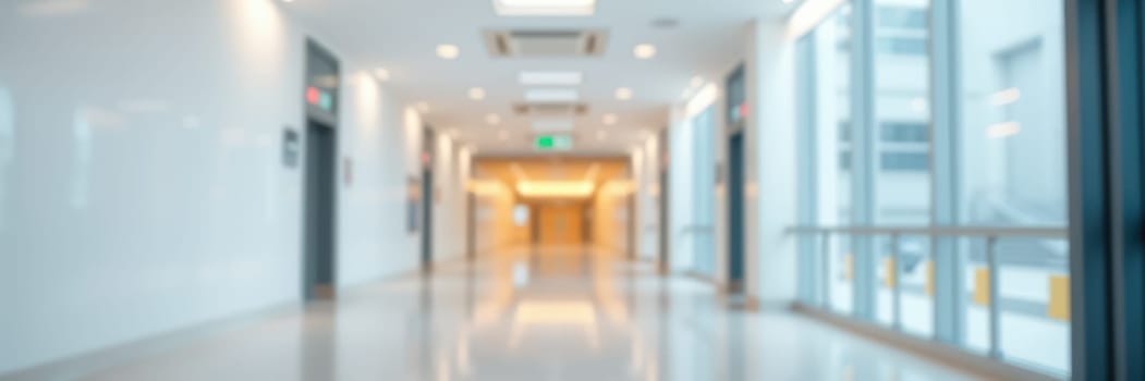 A long corridor features bright lighting and sleek design with large windows. The polished floors reflect light, creating an inviting atmosphere in a modern building.