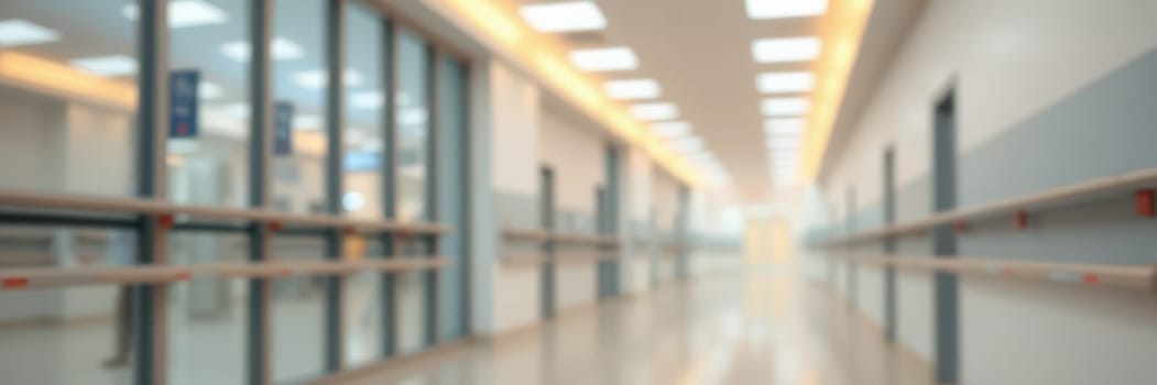 A modern hospital corridor features smooth floors and bright overhead lights, creating a spacious and clean environment. Clear glass doors and walls provide a sense of openness.