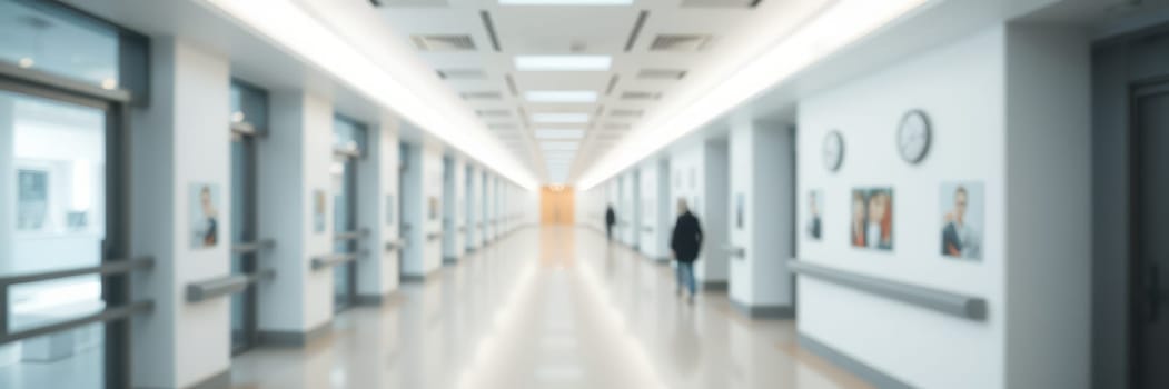 A bright and spacious corridor features multiple clocks on the walls, smooth flooring, and persons walking quietly. Natural light illuminates the contemporary design showcasing art.
