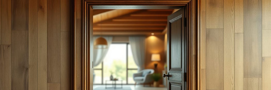 An open wooden door reveals a bright and inviting living area, featuring soft furnishings, large windows, and warm wooden accents creating a cozy atmosphere.