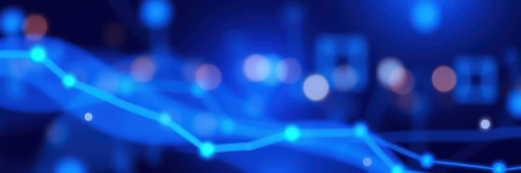 Trends and patterns emerge through vibrant blue lines and dots, highlighting the dynamics of data analytics in a modern digital landscape at night, conveying a sense of technology.