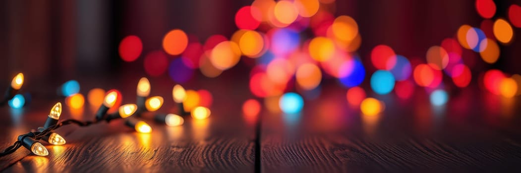 Softly glowing holiday lights illuminate a wooden surface, casting warm colors in a dim room. The vibrant display enhances the inviting ambiance perfect for gatherings.