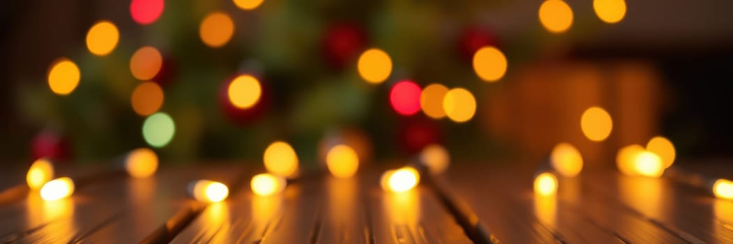 Colorful bokeh lights twinkle softly, creating a cozy atmosphere for winter festivities. A wooden surface reflects the warm glow of the lights in the background.