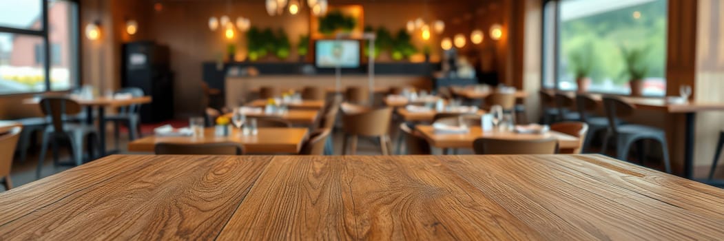 A restaurant interior features rustic wooden tables, soft lighting, and a welcoming ambiance. Guests enjoy their meals in a lively yet comfortable environment during dinner time.