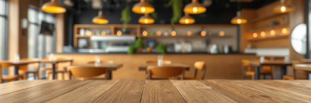 The interior showcases a modern restaurant design with wooden tables, warm lighting from hanging lamps, and a cozy ambiance. Customers enjoy a relaxed dining experience in this inviting space.