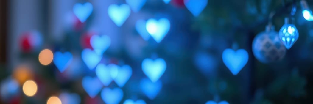 Heart-shaped lights in shades of blue and red create a warm, inviting ambiance during winter festivities, enhancing the cozy atmosphere of holiday gatherings.