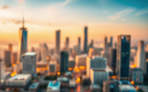A vibrant city skyline features tall buildings glowing in the warm light of sunset. The atmosphere is serene with a blend of colors in the sky.