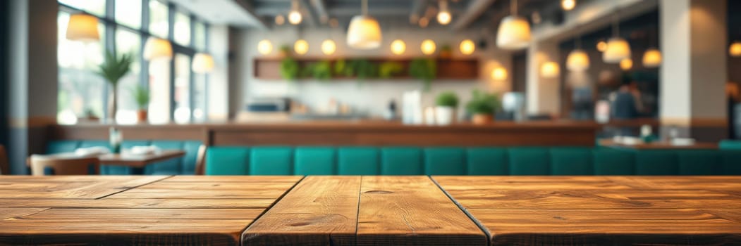 A cozy and inviting cafe interior showcases wooden tables with warm lighting fixtures hanging overhead. Comfortable seating and greenery enhance the relaxed atmosphere during daytime.