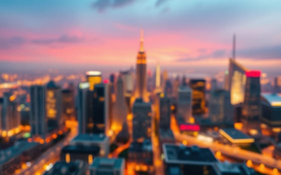 Twilight casts a warm glow over the New York City skyline, with soft focus blurring iconic buildings, creating a dreamy atmosphere filled with city lights.
