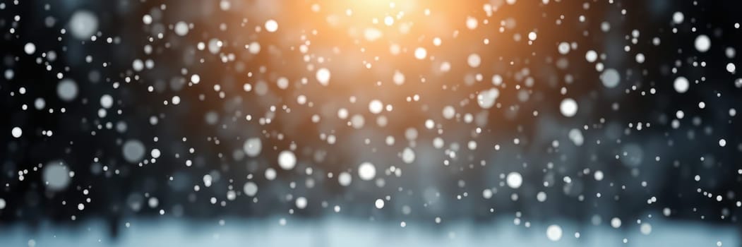 Fluffy snowflakes descend slowly, illuminated by warm sunlight filtering through a winter scene, creating a peaceful atmosphere in nature.