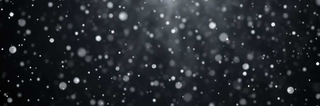 Delicate snowflakes descend softly from above, contrasting beautifully with a dark backdrop. The scene evokes a tranquil winter ambiance, inviting calm and wonder.