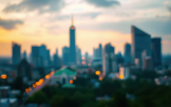 Blurred city skyline at dusk showcasing tall buildings and glowing lights in the foreground, creating a vibrant urban atmosphere as daylight fades.