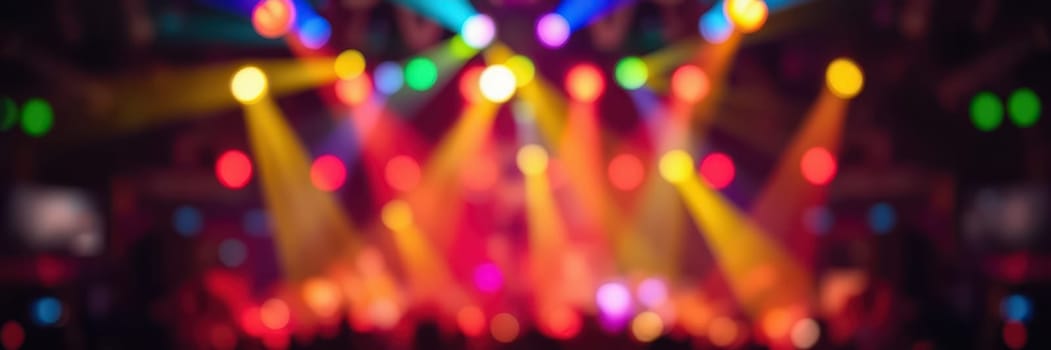 Bright, colorful lights burst through the darkness of a music venue, creating a vibrant atmosphere as fans cheer and enjoy the live performance. The energy in the crowd is palpable.