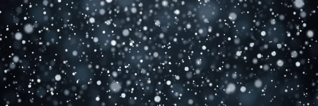 Delicate snowflakes descend slowly against a dark backdrop, creating a peaceful winter ambiance. The soft light enhances the beauty of the snowy scene, evoking a calm evening.