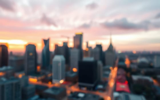 As the sun sets, the skyline of the city transforms with warm colors reflecting off towering buildings. Streets below glow with lights, creating a lively atmosphere in the evening.