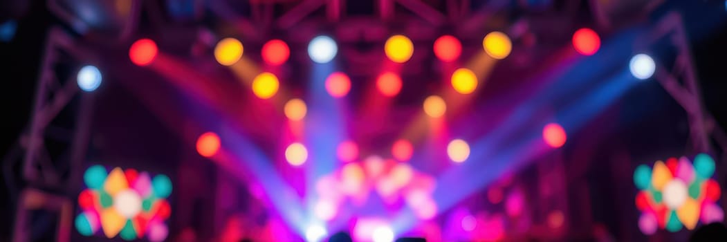 Bright and colorful lights shine in various patterns as a crowd enjoys a live music performance at an outdoor festival in the evening.