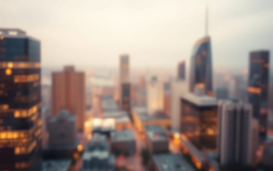A city skyline showcases blurred buildings and twinkling lights as dusk settles, creating a dynamic urban atmosphere. The scene reflects the energy of city life after sunset.