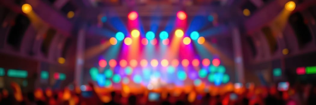 A dynamic indoor venue filled with a lively audience enjoying a concert, colorful stage lights illuminating the space, creating an energetic atmosphere during a nighttime performance.