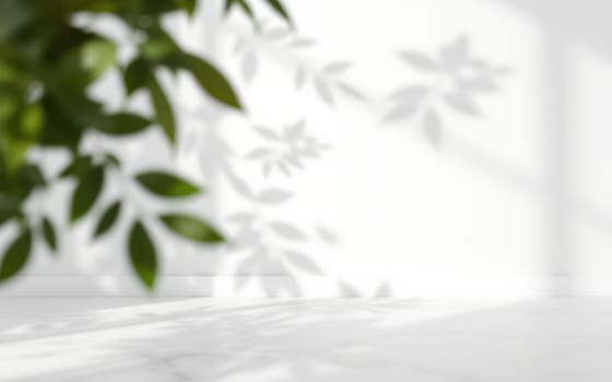 Sunlight streams through leaves, casting intricate shadows on a pristine white wall. The calm atmosphere enhances the serene mood of the afternoon setting.