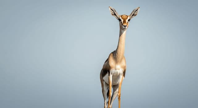 A lone gerenuk antelope stands elegantly against a clear blue sky, showcasing its unique elongated neck and slender physique. the image highlights the animal's distinctive features and serene presence in its natural environment.