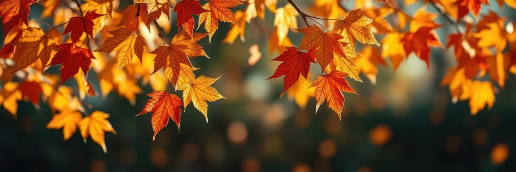 Colorful orange and yellow leaves hang from branches, illuminated by soft sunlight. The scene captures the essence of autumn in a tranquil park atmosphere.