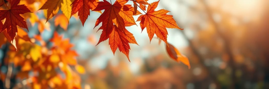 Vibrant orange and red maple leaves dangle gracefully from branches, illuminated by warm autumn sunlight, creating a tranquil outdoor ambiance in a forest.