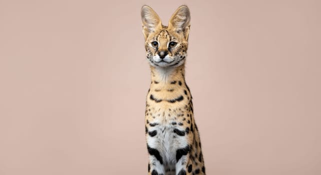African serval cat with distinctive spotted fur and large ears posed against a neutral backdrop. the portrait highlights the serval's unique features and curious expression, catering to wildlife and feline enthusiasts.