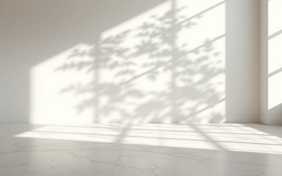 Natural sunlight streams through large windows, creating delicate shadows on the marble floor, enhancing the serene atmosphere of the minimalistic space during the day.