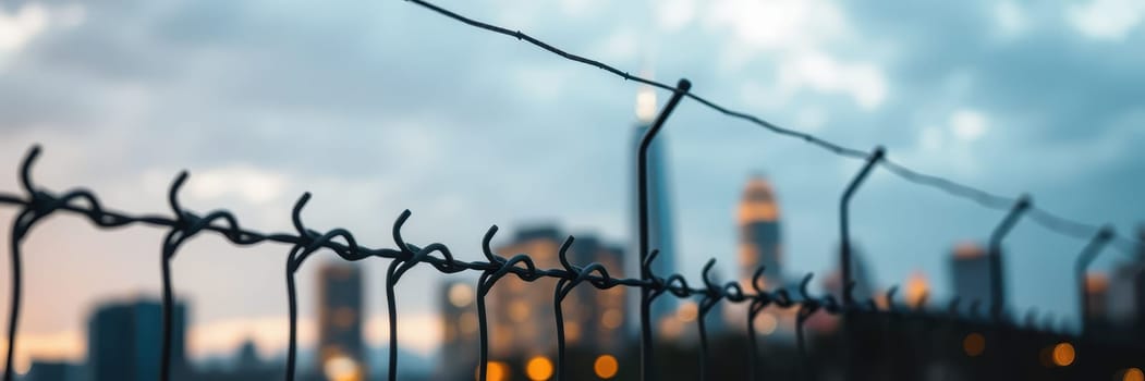 A wire fence stretches across the foreground, with a blurred urban skyline visible behind it. The scene captures an evening atmosphere as the sky transitions from daylight to dusk.