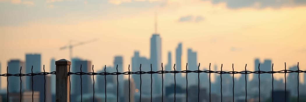 A wire fence frames the foreground, contrasting against a blurred city skyline at sunset. The soft glow of the setting sun illuminates the buildings, creating a serene atmosphere.