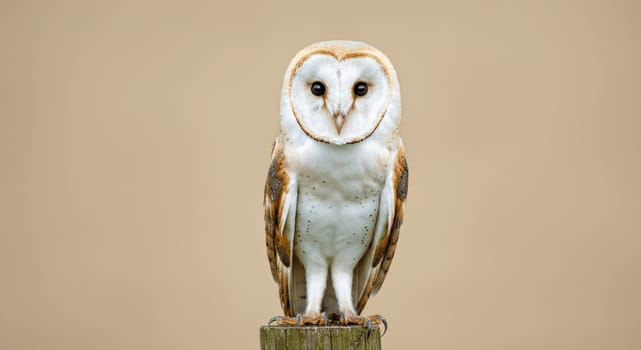 A mesmerizing barn owl, with striking white and brown plumage, stands gracefully on a wooden post. its keen gaze and soft feathers highlight the beauty of this nocturnal bird against a neutral backdrop.
