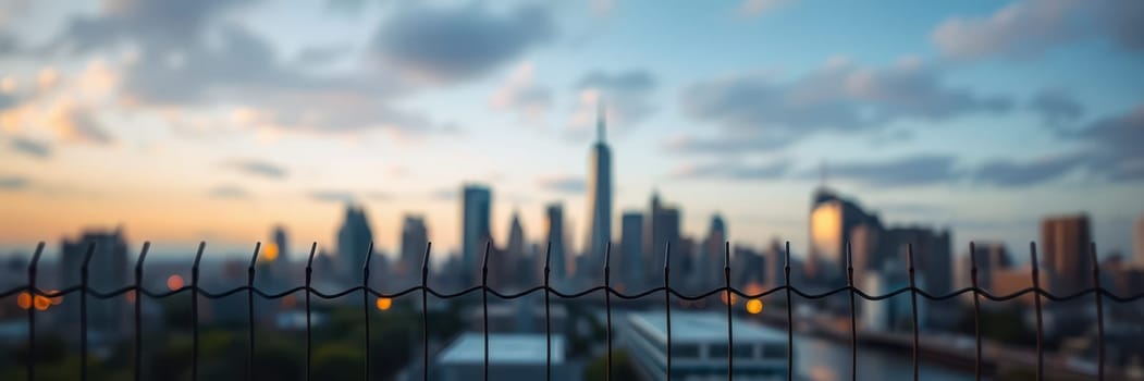 A distant skyline is illuminated by the warm colors of sunset, while a wire fence lines the foreground, creating a textured border. Urban buildings appear soft and muted.