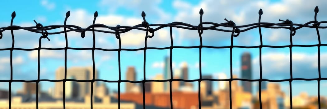 A barbed wire fence prominently frames a blurred city skyline under a bright blue sky with scattered clouds. The urban landscape showcases a modern city atmosphere.
