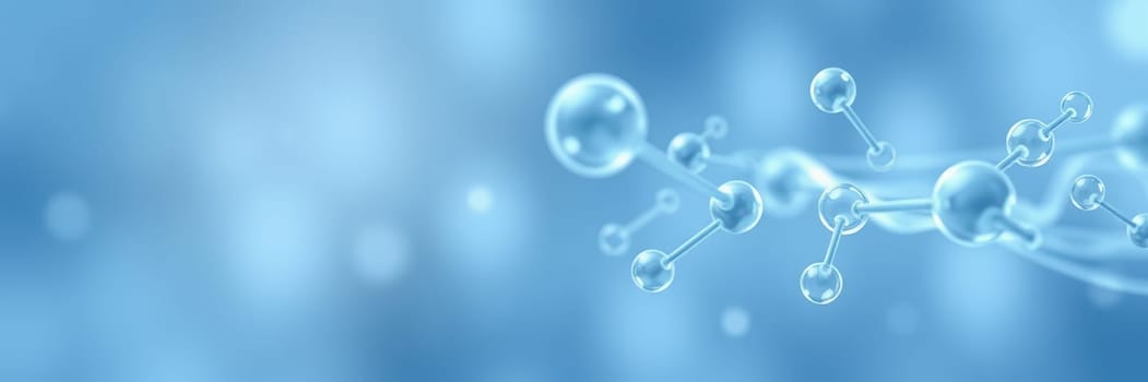 This composition showcases molecular structures suspended in a soft blue background, symbolizing advancements in science and technology, emphasizing innovation and research.
