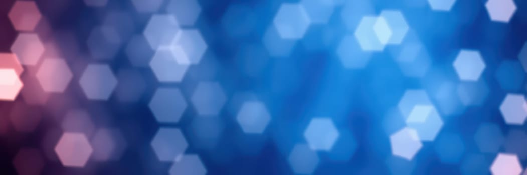 Soft hexagonal bokeh lights blend in shades of blue and紫色, creating a soothing backdrop. The evening setting enhances the dreamlike quality of the atmosphere.