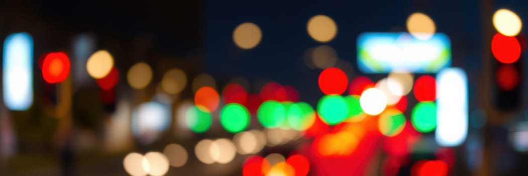 A bustling urban street at night features blurred traffic lights displaying vivid colors of red and green while vehicles move through the scene, adding energy.