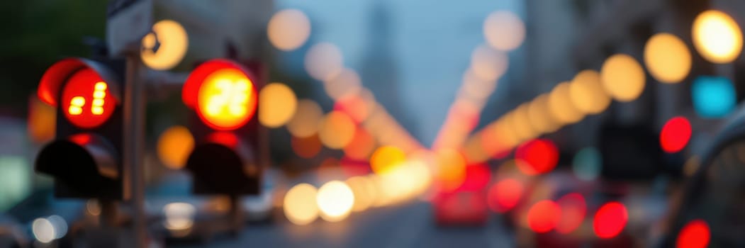 Red traffic lights glow in the foreground while cars create colorful bokeh effects in the background. The city street is bustling with activity during the evening hours.